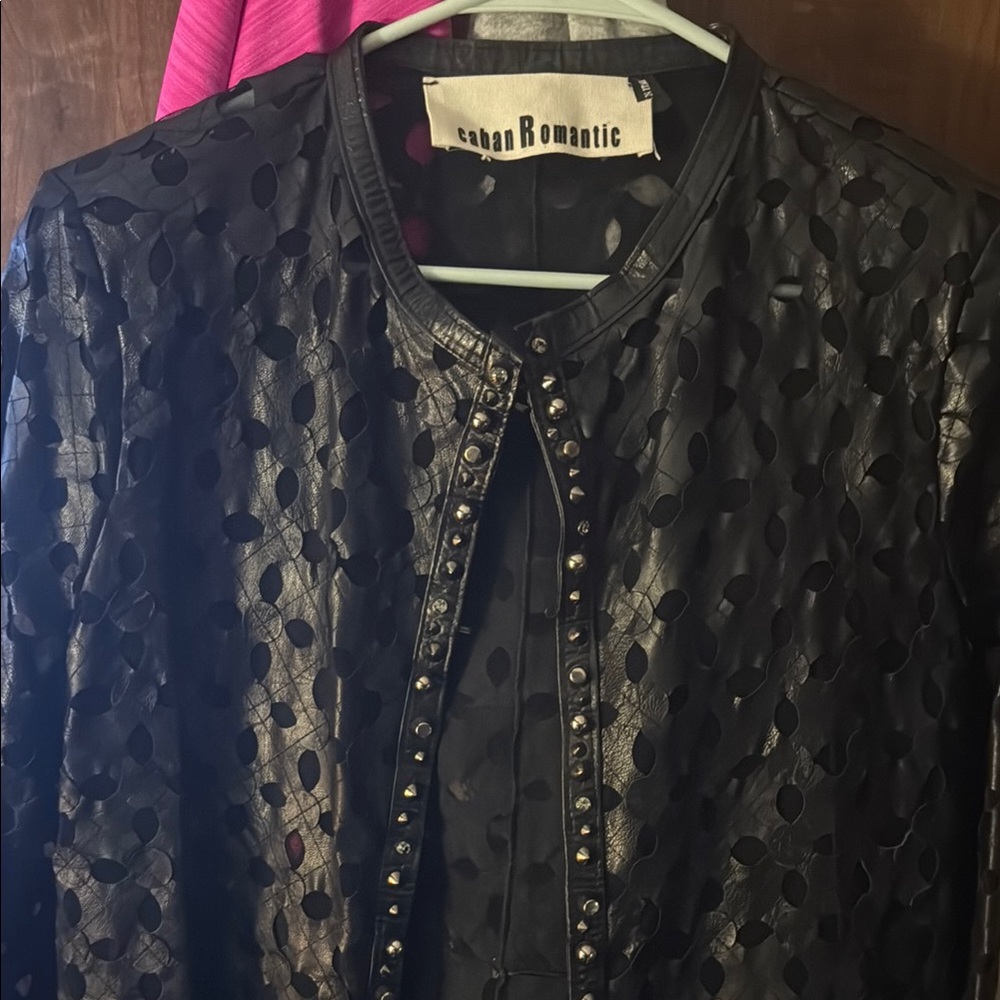 URBAN Romantics Black Leather Jacket with Decorative Patterns